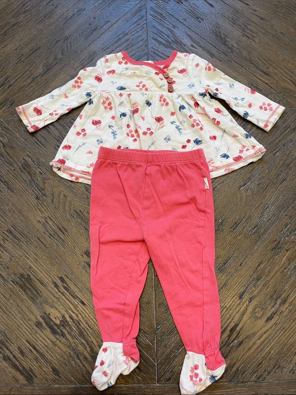 Burt's Bees Baby Pink Floral Top and Coral Pink Footed Pants Matching Set